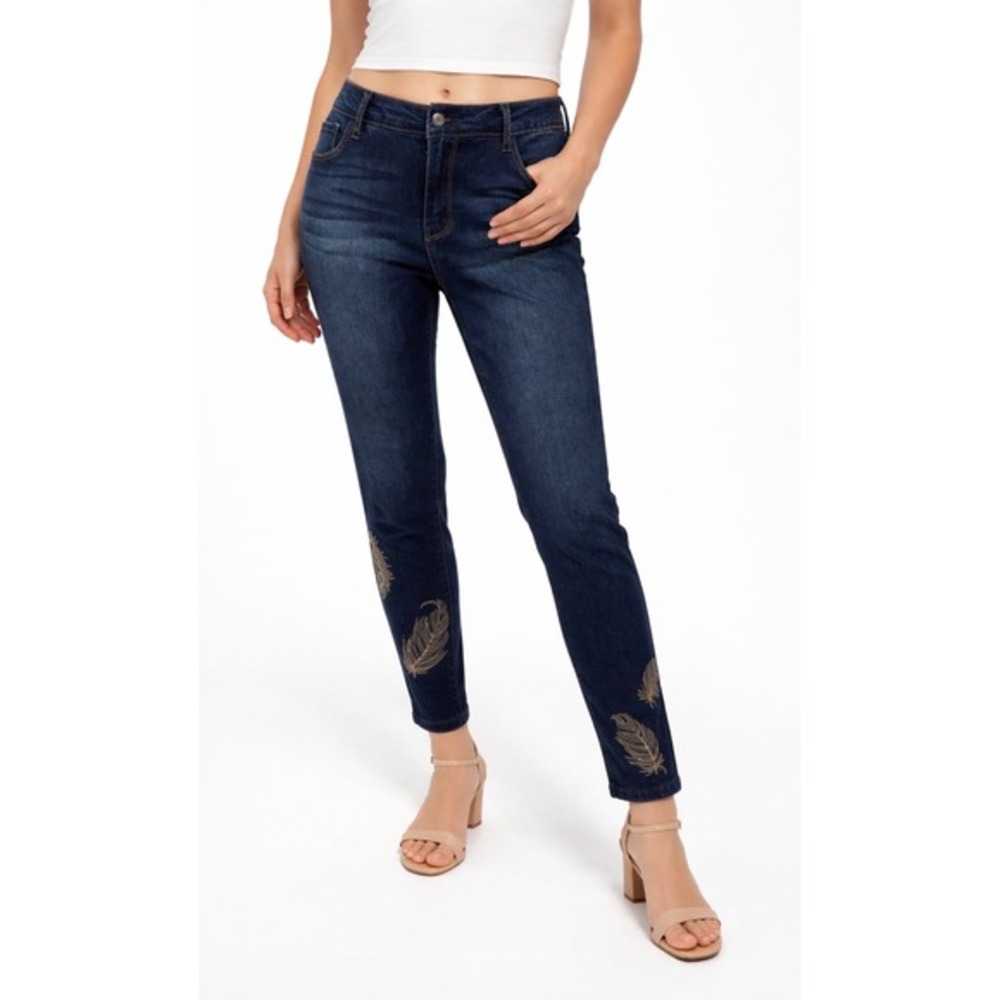 Kensie Jeans Dark Wash‎ Skinny Denim Gold Feather Embroidered 10 Western 63-24